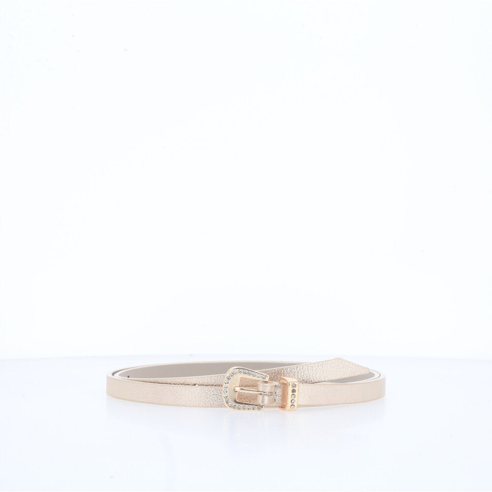 Cinto Fino de Couro com Fivela Detalhada Ouro claro
