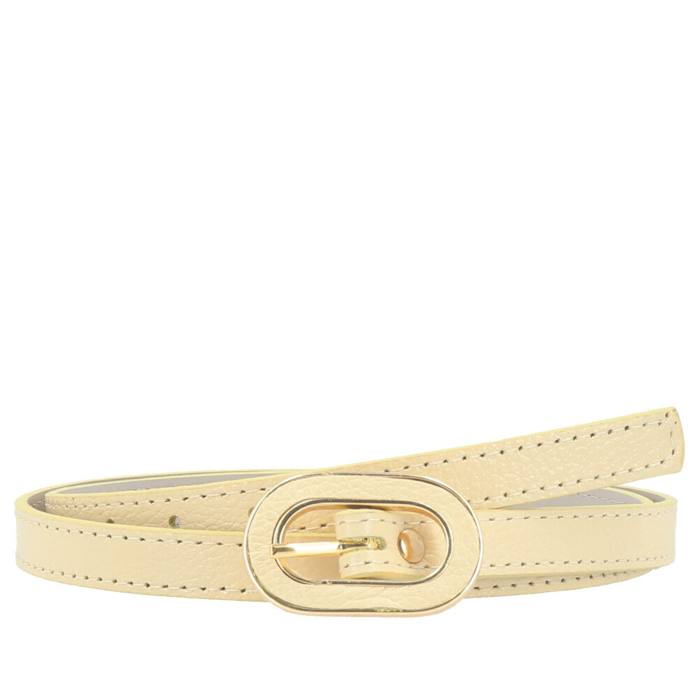 Cinto Feminino de Couro com Fivela Oval Dourada Amarelo