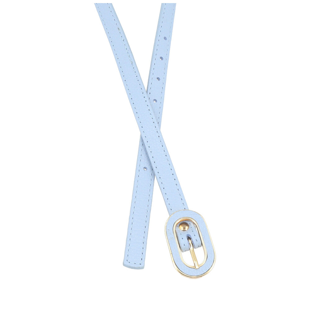Cinto Feminino de Couro com Fivela Oval Dourada Azul