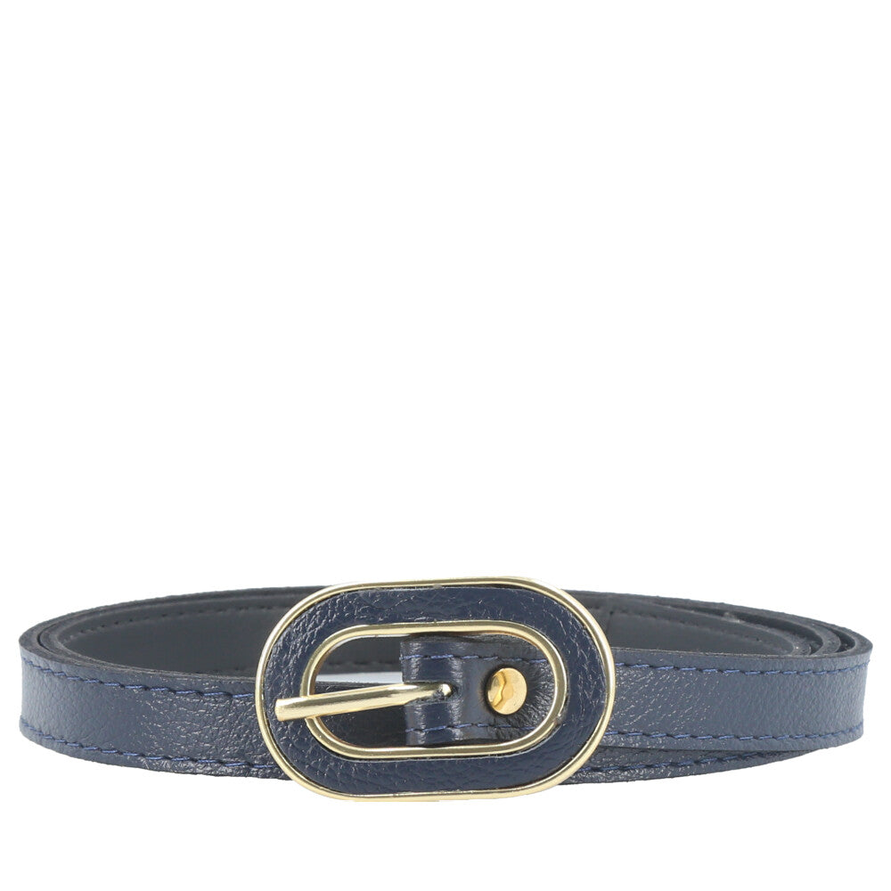 Cinto Feminino de Couro com Fivela Oval Dourada Azul escuro