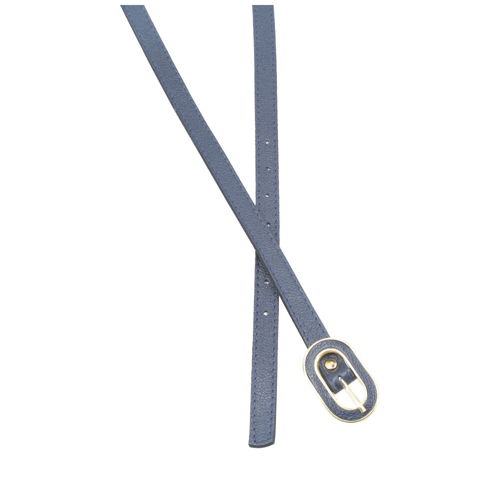Cinto Feminino de Couro com Fivela Oval Dourada Azul escuro