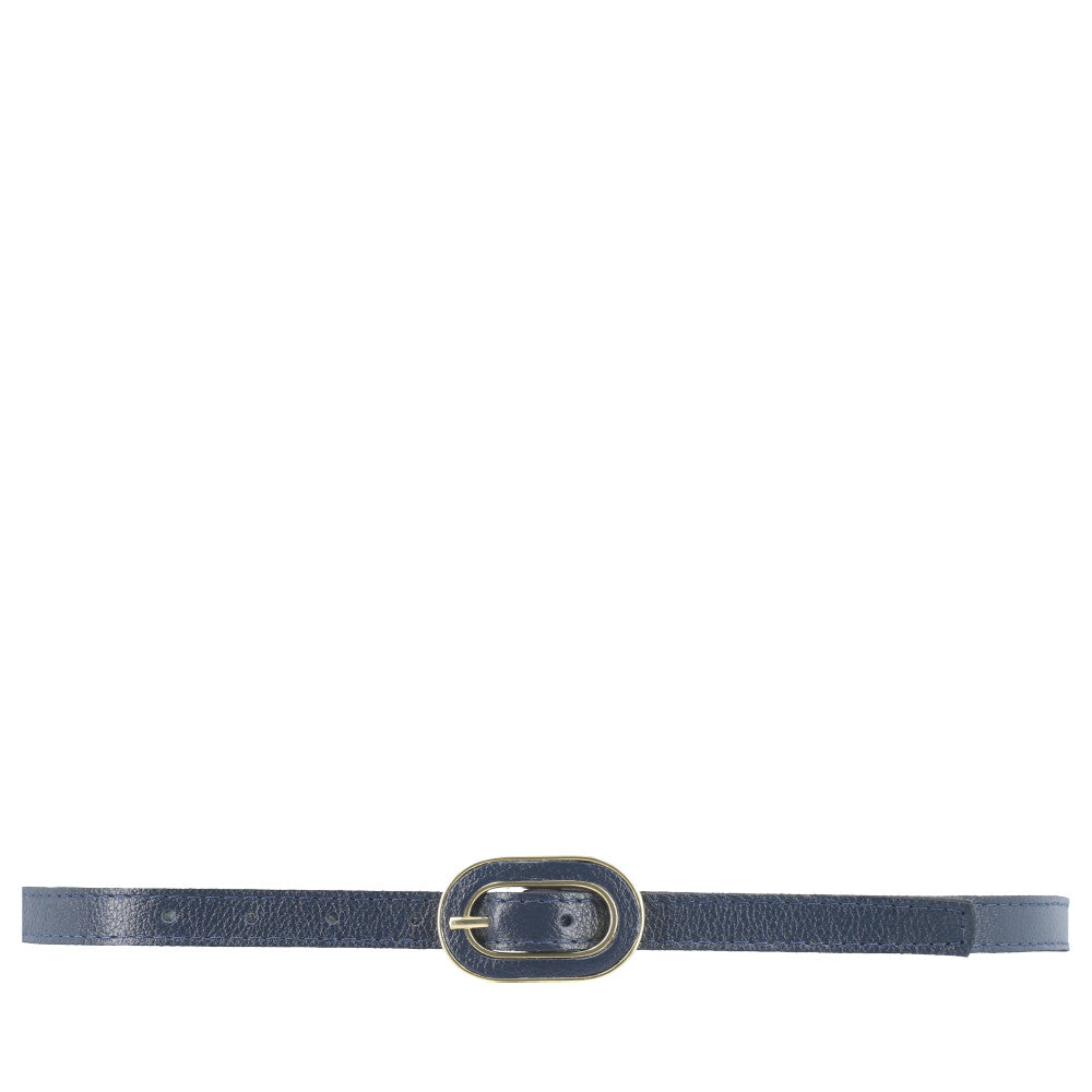 Cinto Feminino de Couro com Fivela Oval Dourada Azul escuro