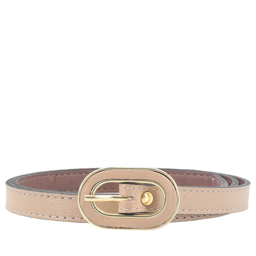 Cinto Feminino de Couro com Fivela Oval Dourada Bege