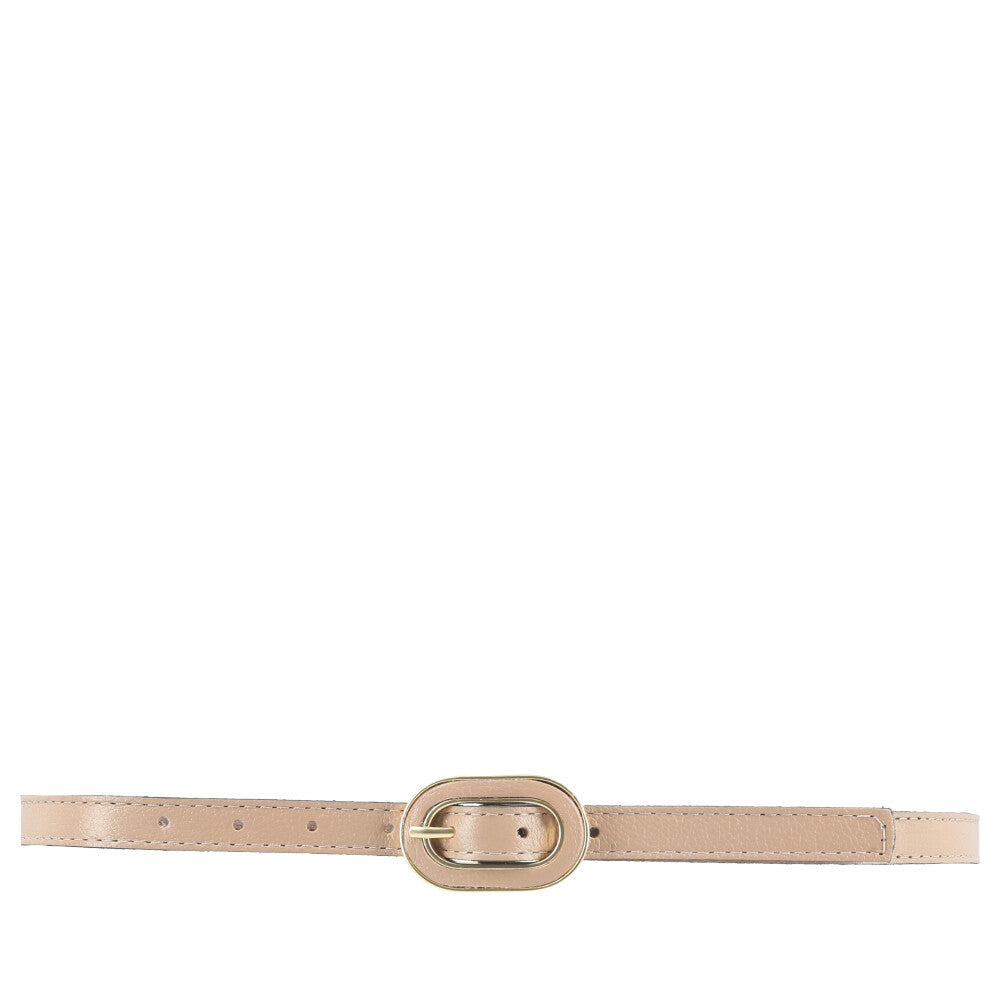 Cinto Feminino de Couro com Fivela Oval Dourada Bege