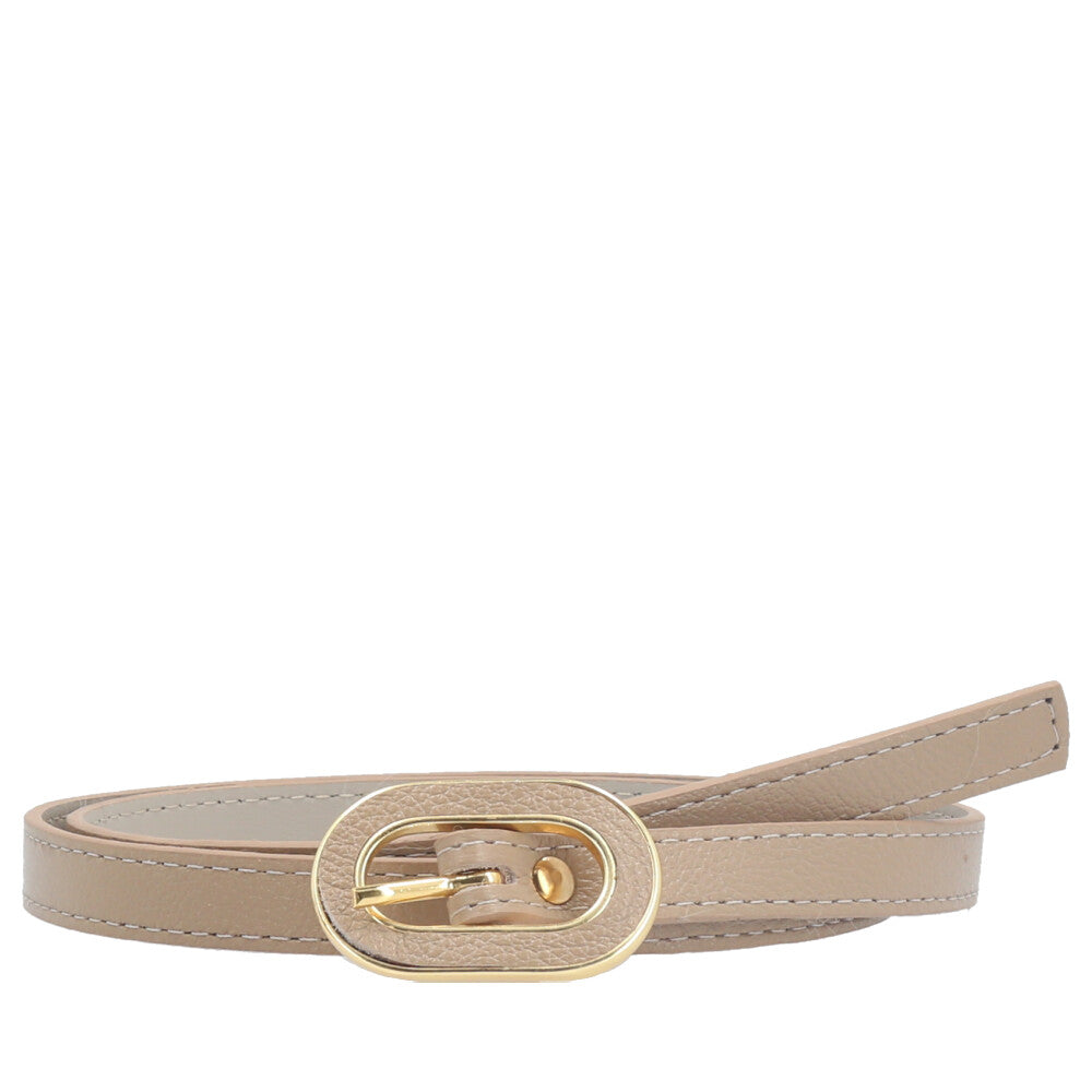 Cinto Feminino de Couro com Fivela Oval Dourada Bege escuro