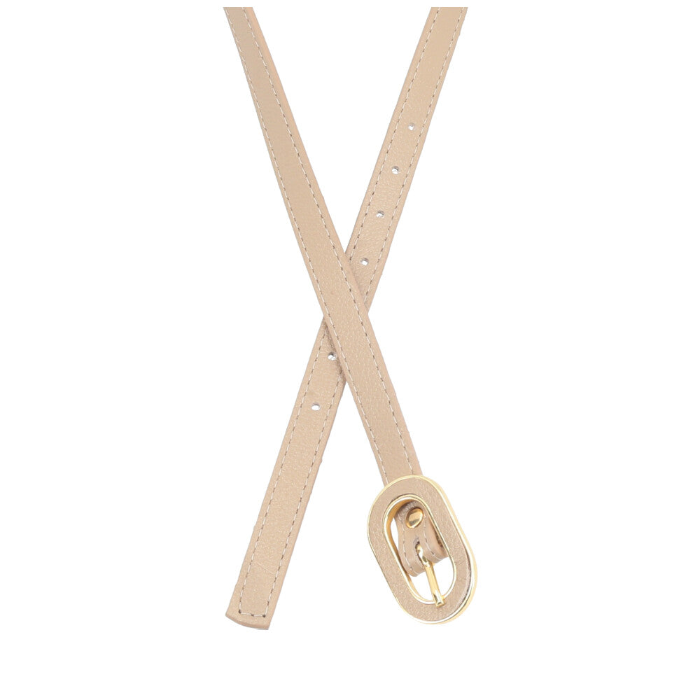 Cinto Feminino de Couro com Fivela Oval Dourada Bege escuro
