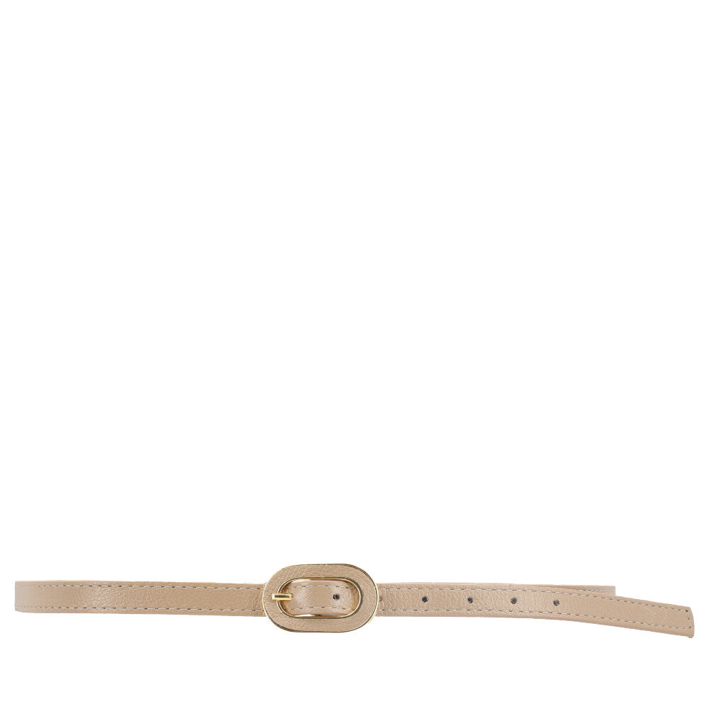 Cinto Feminino de Couro com Fivela Oval Dourada Bege escuro
