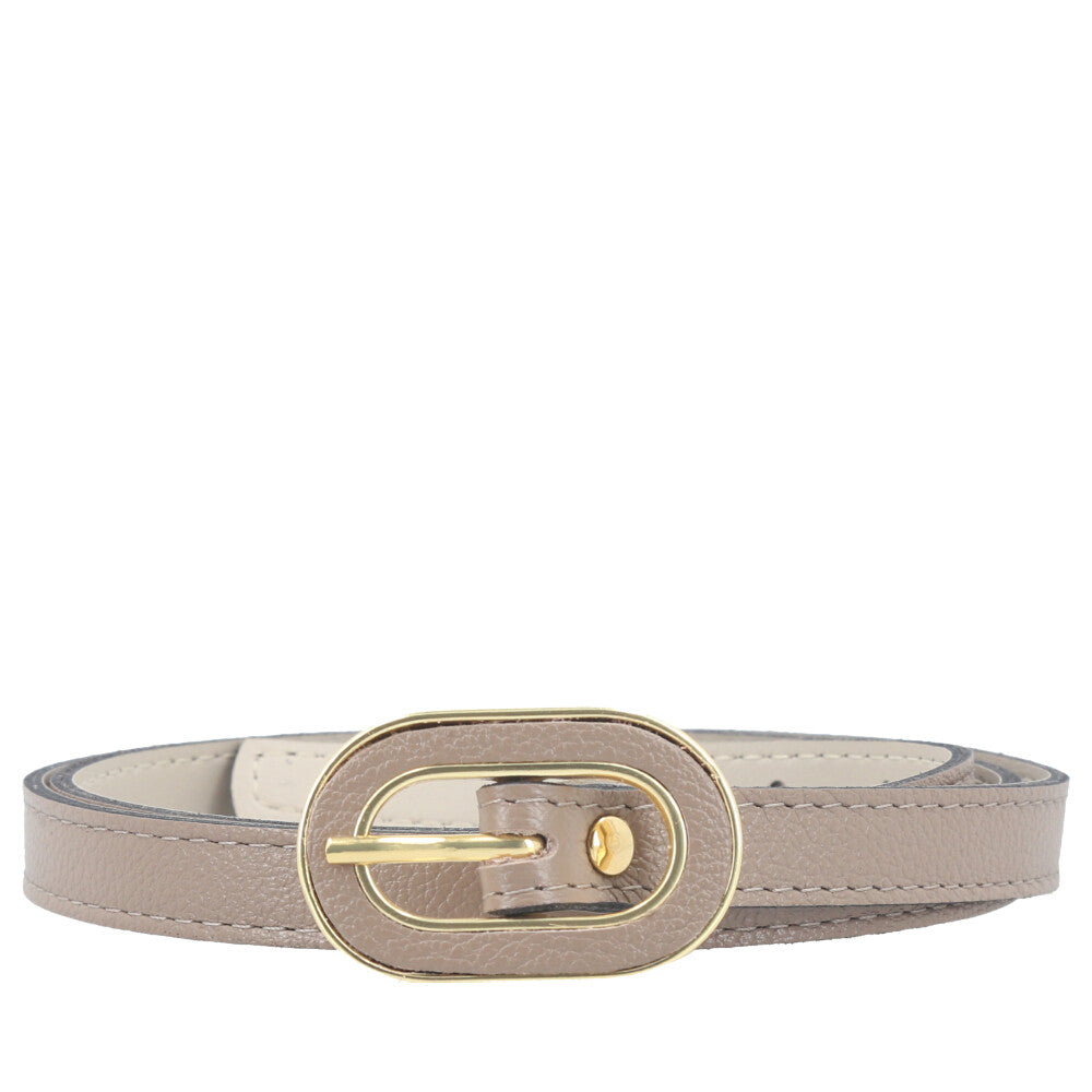 Cinto Feminino de Couro com Fivela Oval Dourada Cinza