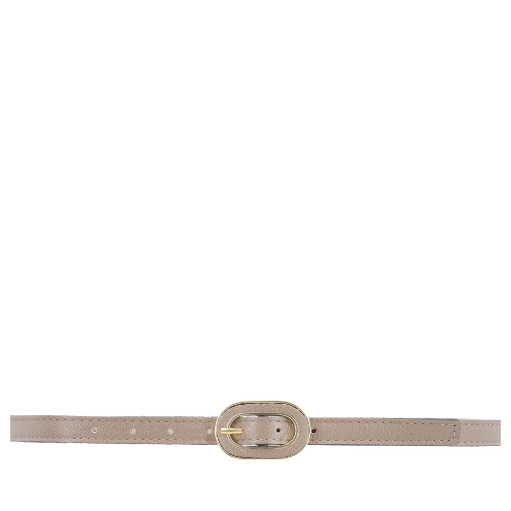 Cinto Feminino de Couro com Fivela Oval Dourada Cinza