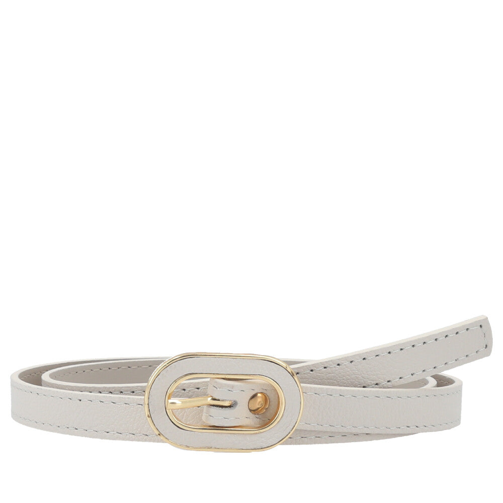 Cinto Feminino de Couro com Fivela Oval Dourada Marfim