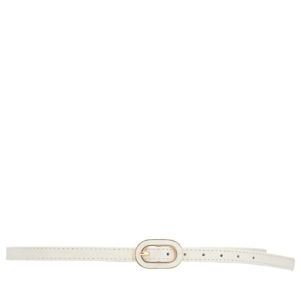 Cinto Feminino de Couro com Fivela Oval Dourada Marfim