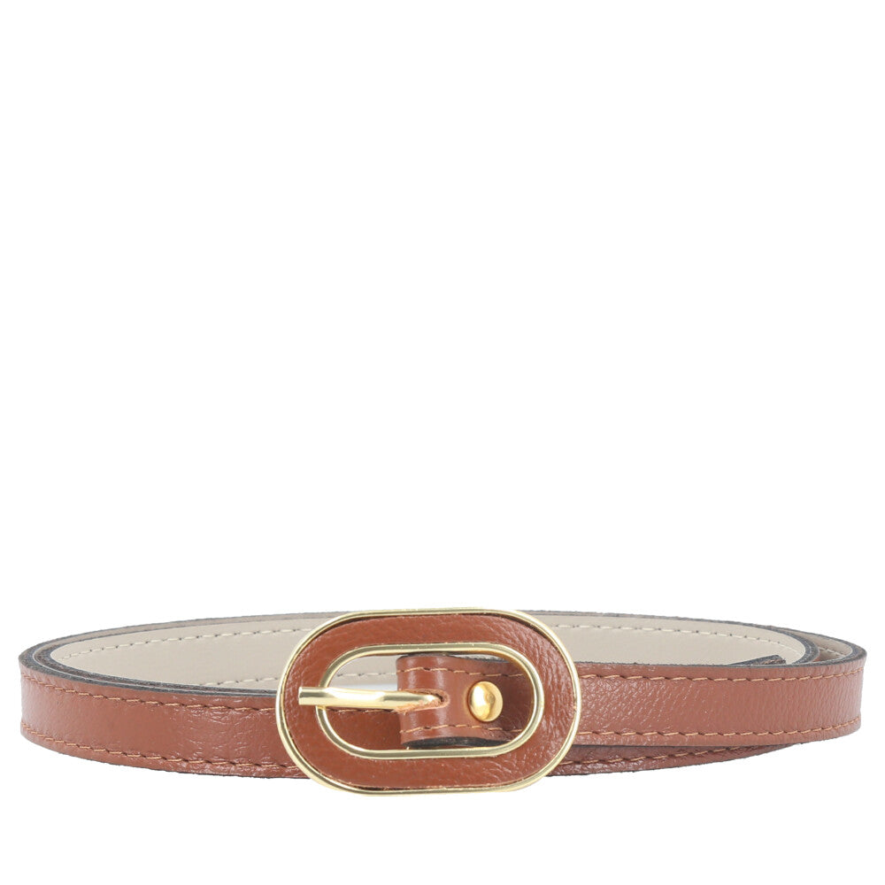 Cinto Feminino de Couro com Fivela Oval Dourada Marrom claro
