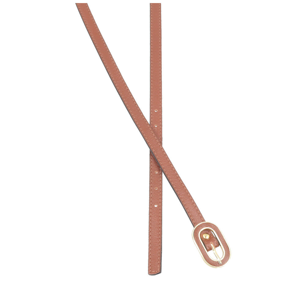 Cinto Feminino de Couro com Fivela Oval Dourada Marrom claro