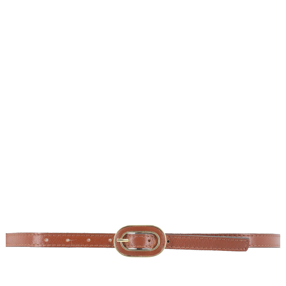 Cinto Feminino de Couro com Fivela Oval Dourada Marrom claro