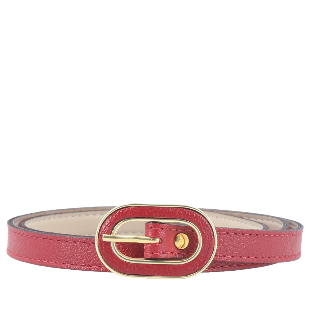 Cinto Feminino de Couro com Fivela Oval Dourada Vermelho