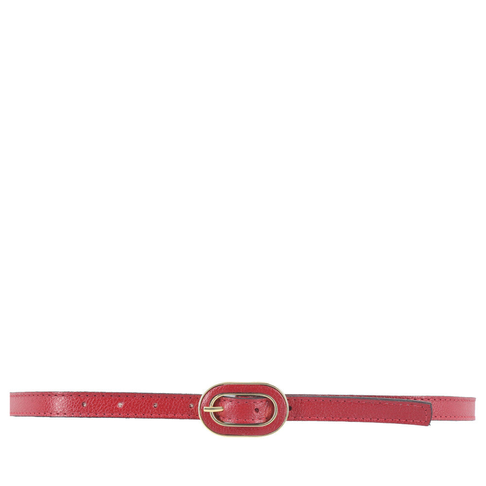 Cinto Feminino de Couro com Fivela Oval Dourada Vermelho
