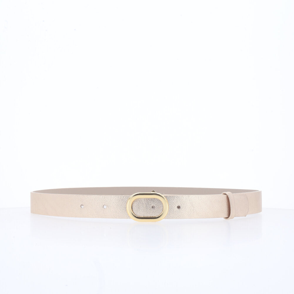Cinto em Couro Metalizado com Fivela Oval Metálica Ouro claro