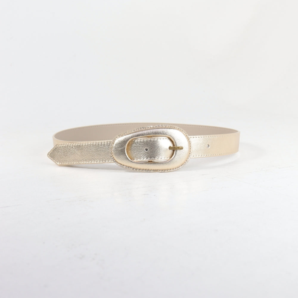 Cinto de Couro Metalizado com Fivela Encapada Ouro claro