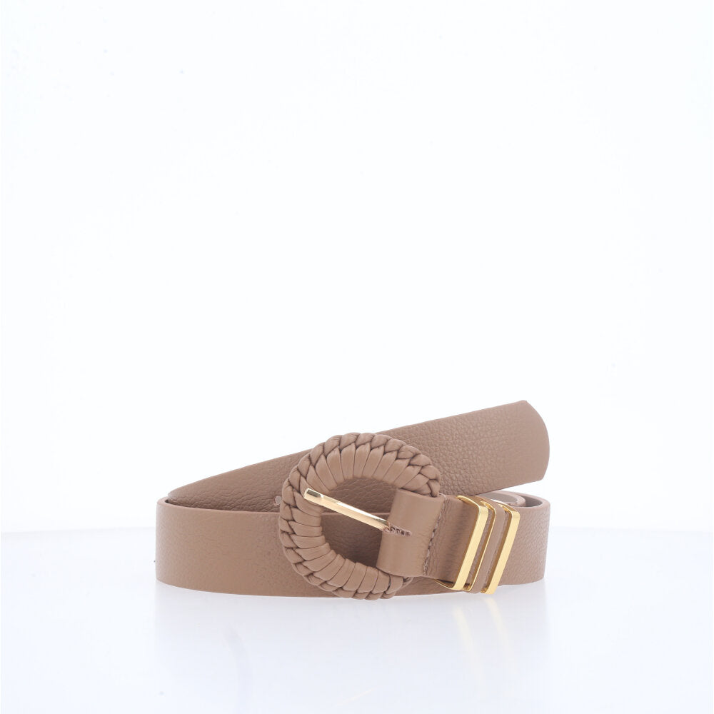Cinto Feminino de Couro com Fivela Tressê Redonda Bege