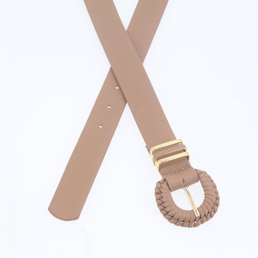 Cinto Feminino de Couro com Fivela Tressê Redonda Bege