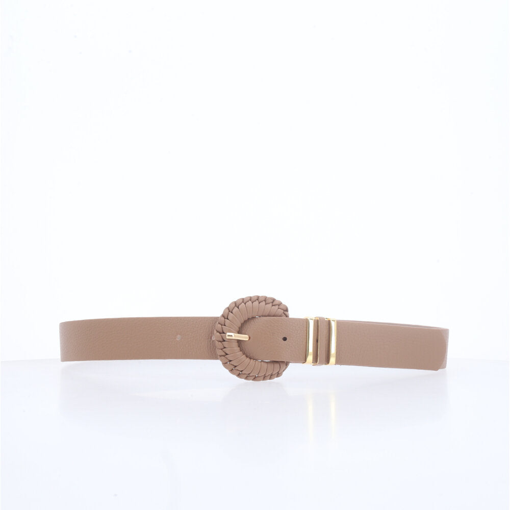 Cinto Feminino de Couro com Fivela Tressê Redonda Bege
