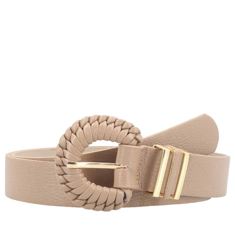 Cinto Feminino de Couro com Fivela Tressê Redonda Bege escuro