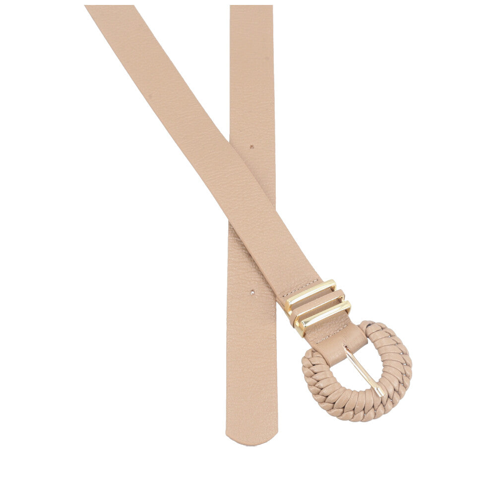 Cinto Feminino de Couro com Fivela Tressê Redonda Bege escuro