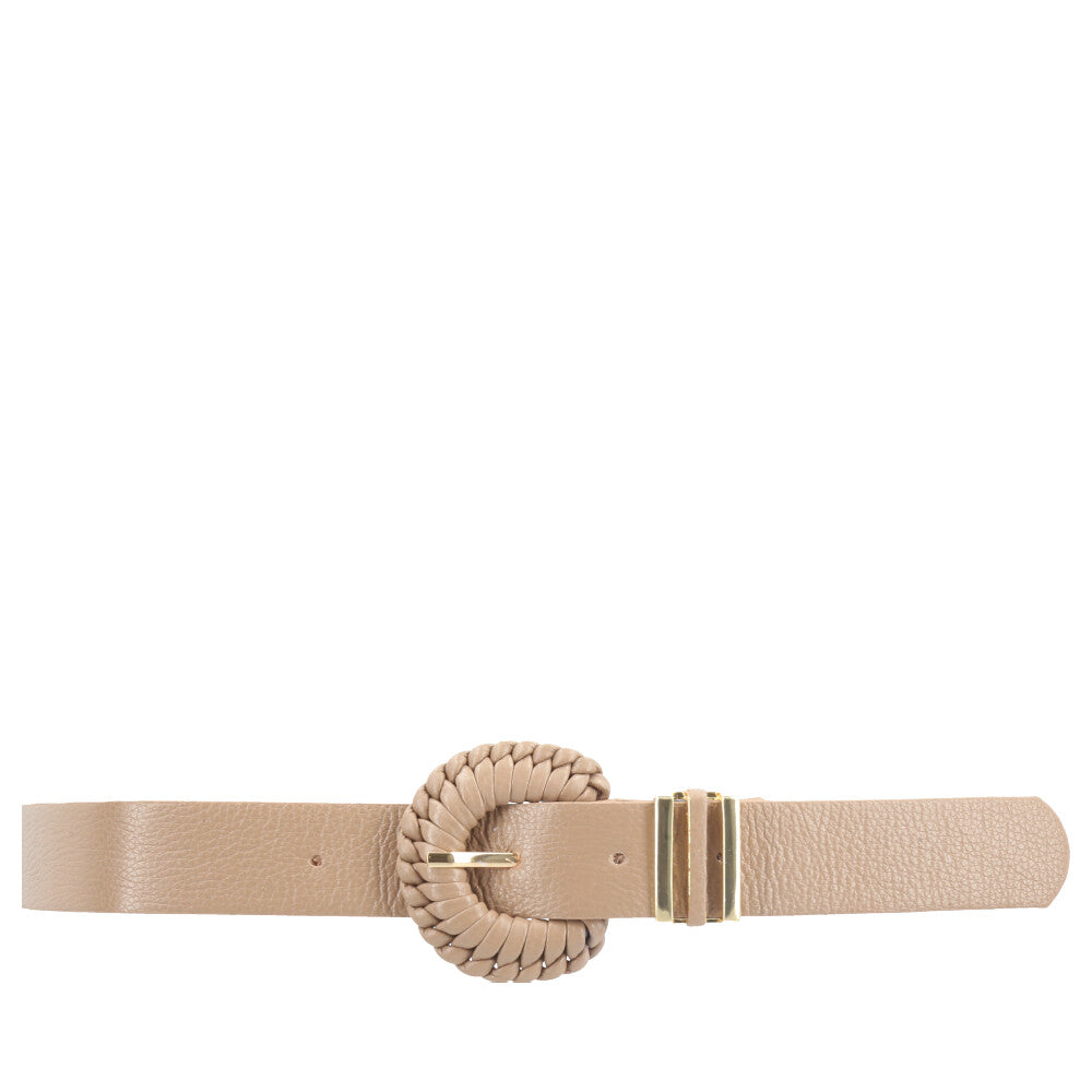 Cinto Feminino de Couro com Fivela Tressê Redonda Bege escuro