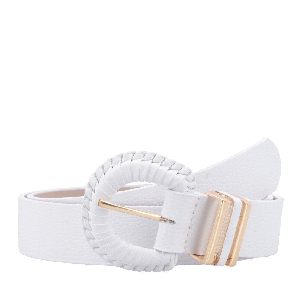 Cinto Feminino de Couro com Fivela Tressê Redonda Branco