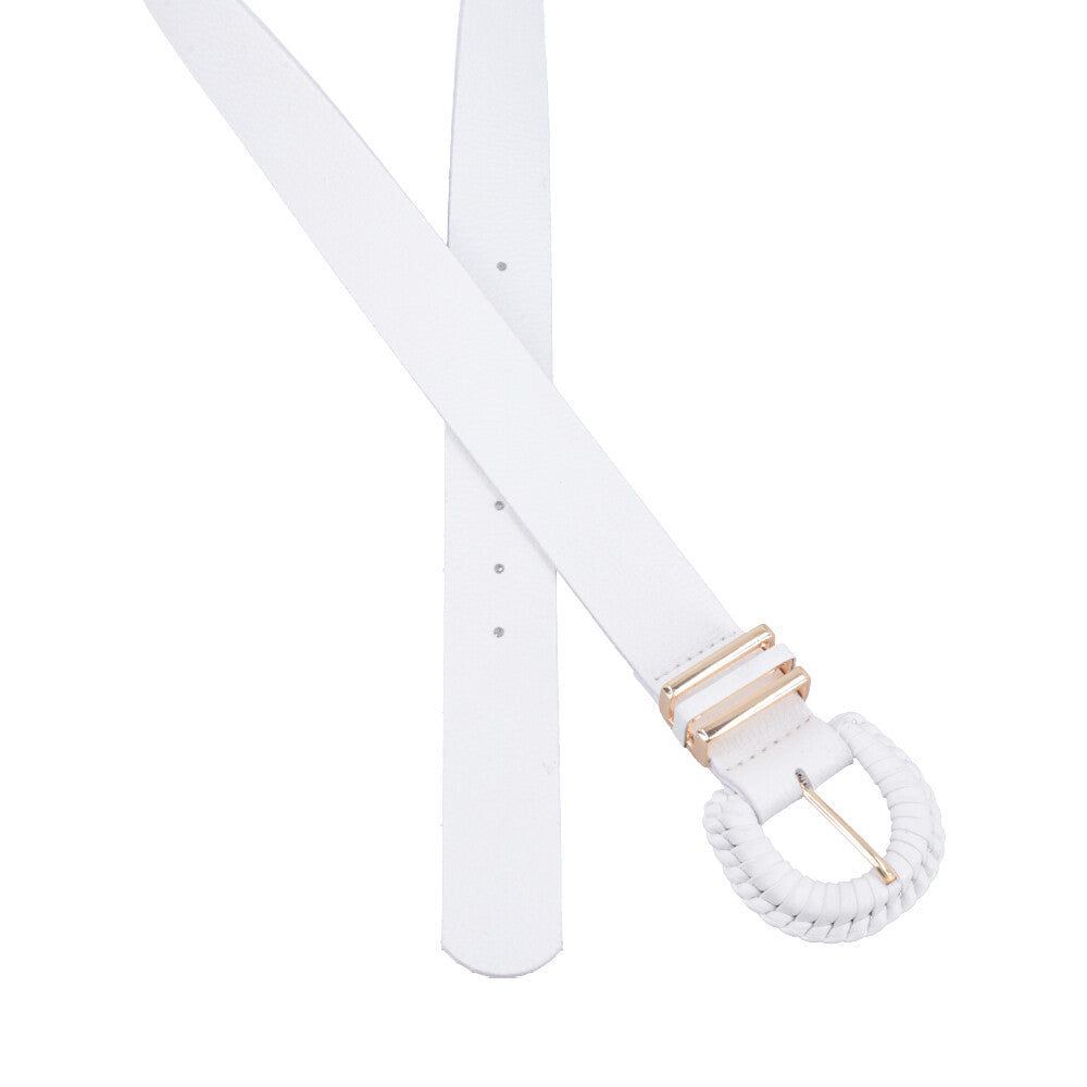 Cinto Feminino de Couro com Fivela Tressê Redonda Branco