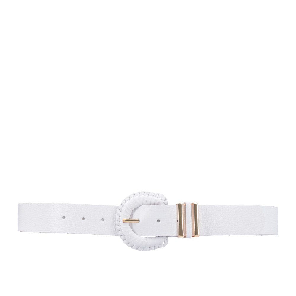 Cinto Feminino de Couro com Fivela Tressê Redonda Branco