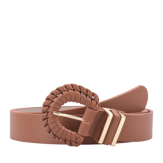 Cinto Feminino de Couro com Fivela Tressê Redonda Caramelo
