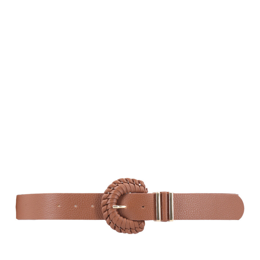 Cinto Feminino de Couro com Fivela Tressê Redonda Caramelo