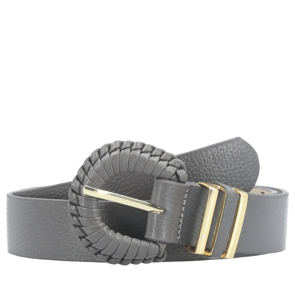 Cinto Feminino de Couro com Fivela Tressê Redonda Cinza