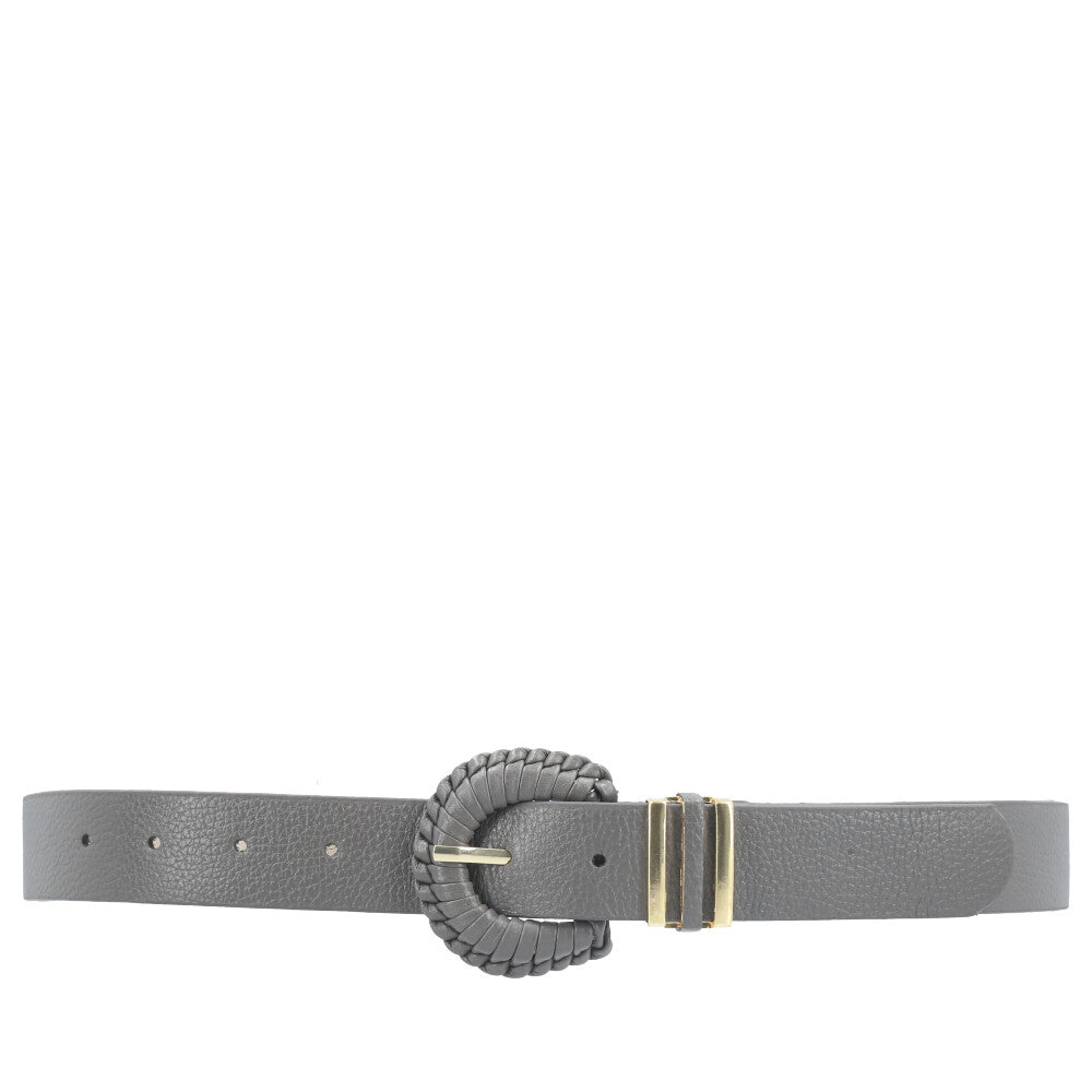 Cinto Feminino de Couro com Fivela Tressê Redonda Cinza