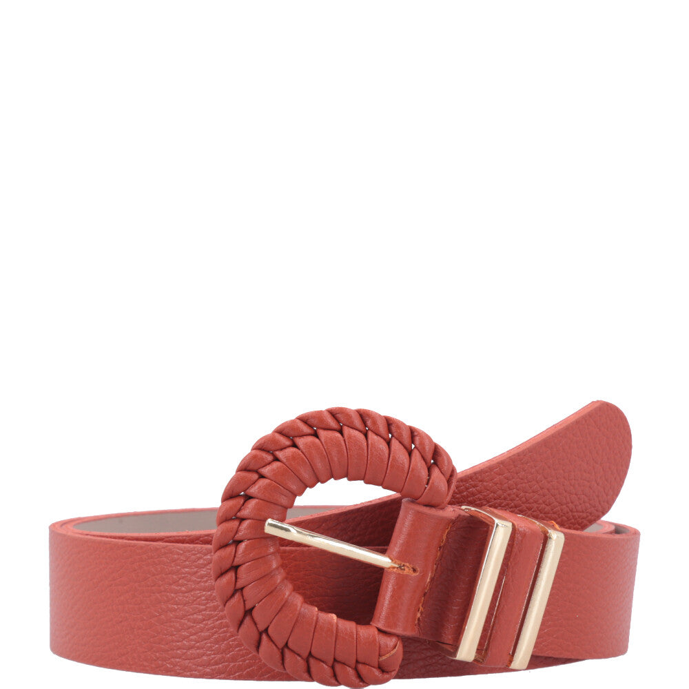 Cinto Feminino de Couro com Fivela Tressê Redonda Laranja