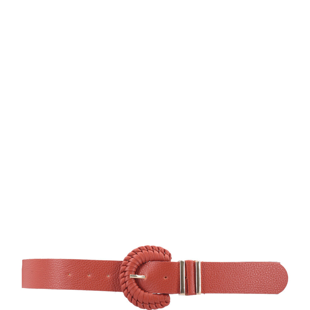 Cinto Feminino de Couro com Fivela Tressê Redonda Laranja