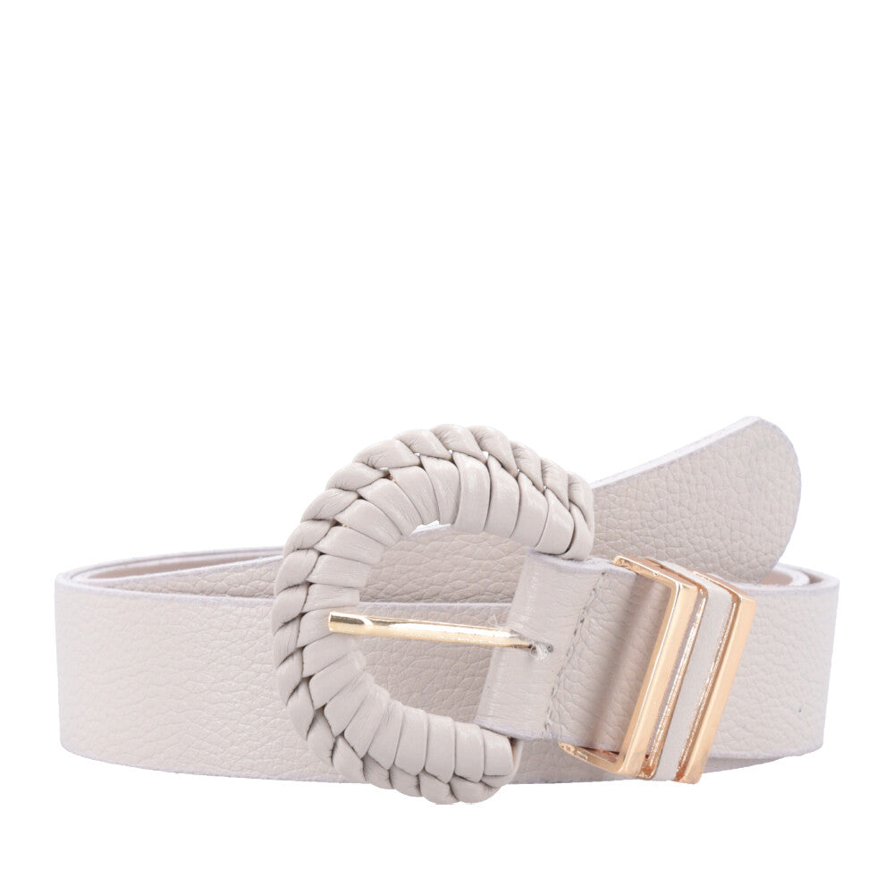 Cinto Feminino de Couro com Fivela Tressê Redonda Marfim