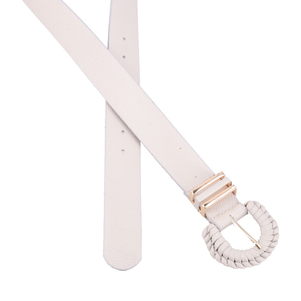 Cinto Feminino de Couro com Fivela Tressê Redonda Marfim