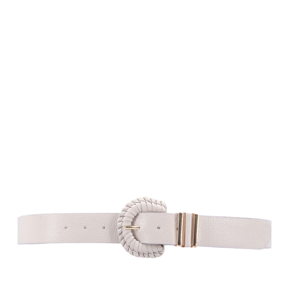 Cinto Feminino de Couro com Fivela Tressê Redonda Marfim