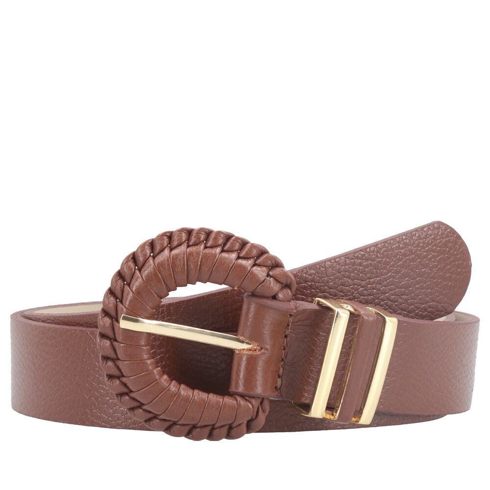 Cinto Feminino de Couro com Fivela Tressê Redonda Marrom