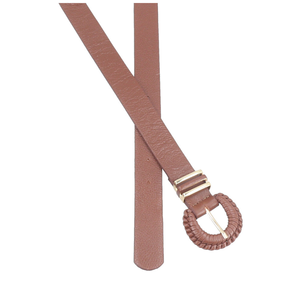 Cinto Feminino de Couro com Fivela Tressê Redonda Marrom