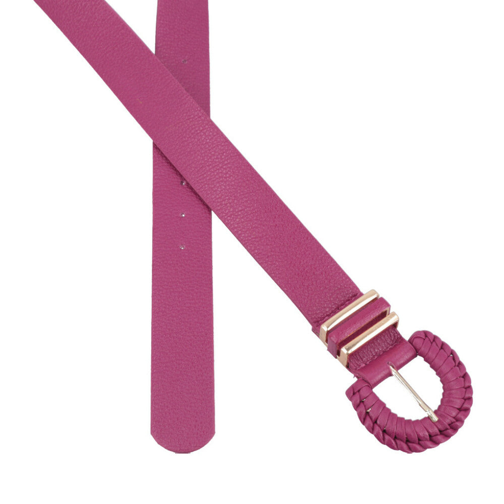 Cinto Feminino de Couro com Fivela Tressê Redonda Pink