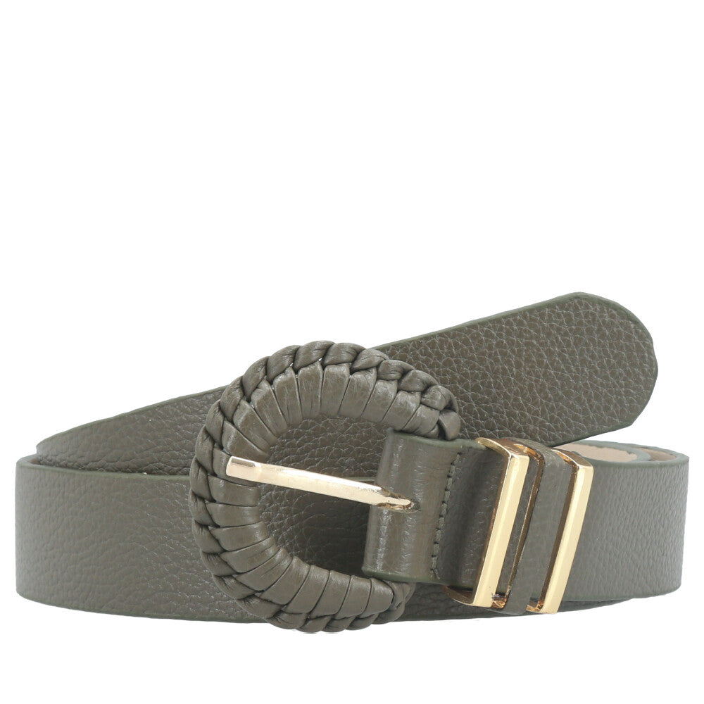 Cinto Feminino de Couro com Fivela Tressê Redonda Verde