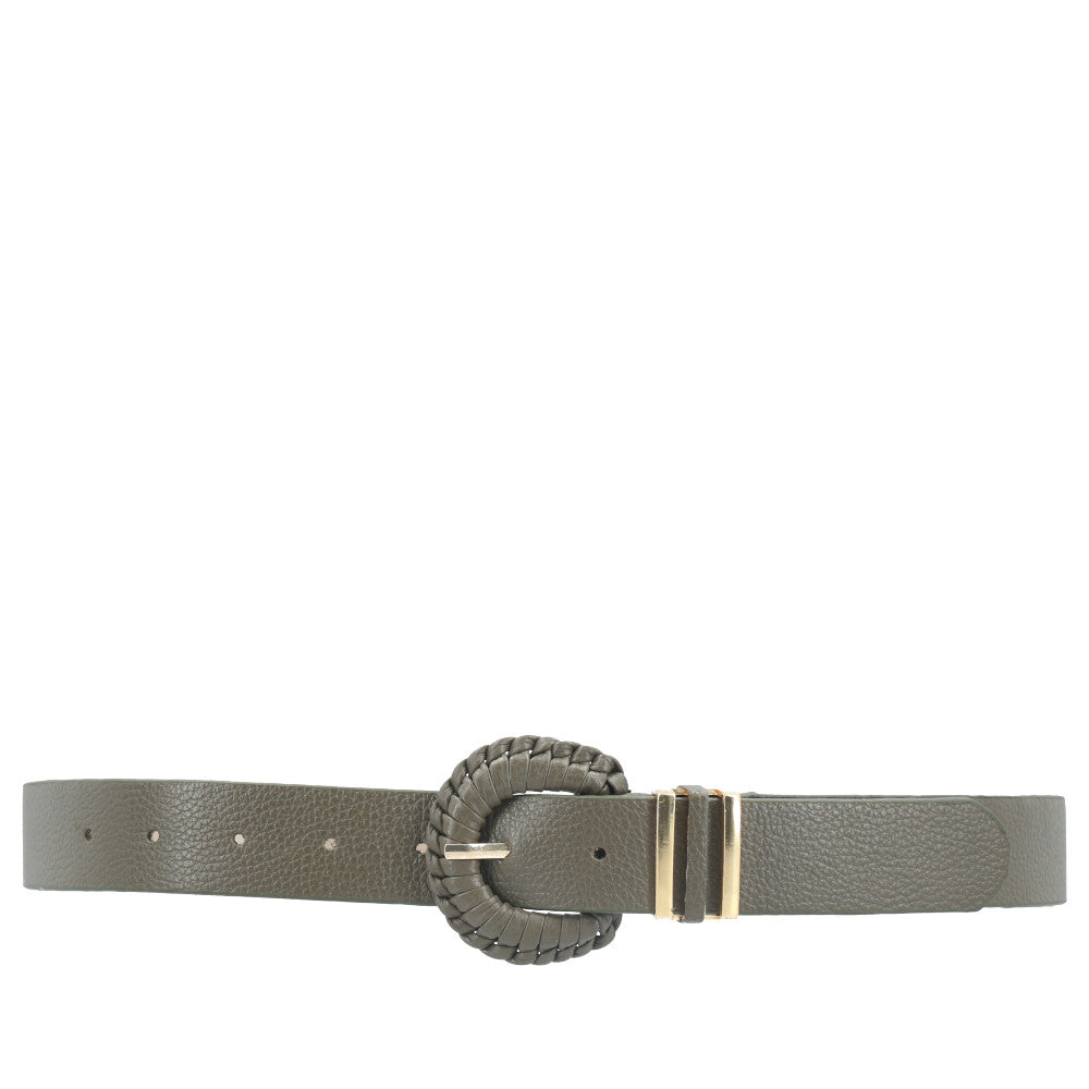 Cinto Feminino de Couro com Fivela Tressê Redonda Verde