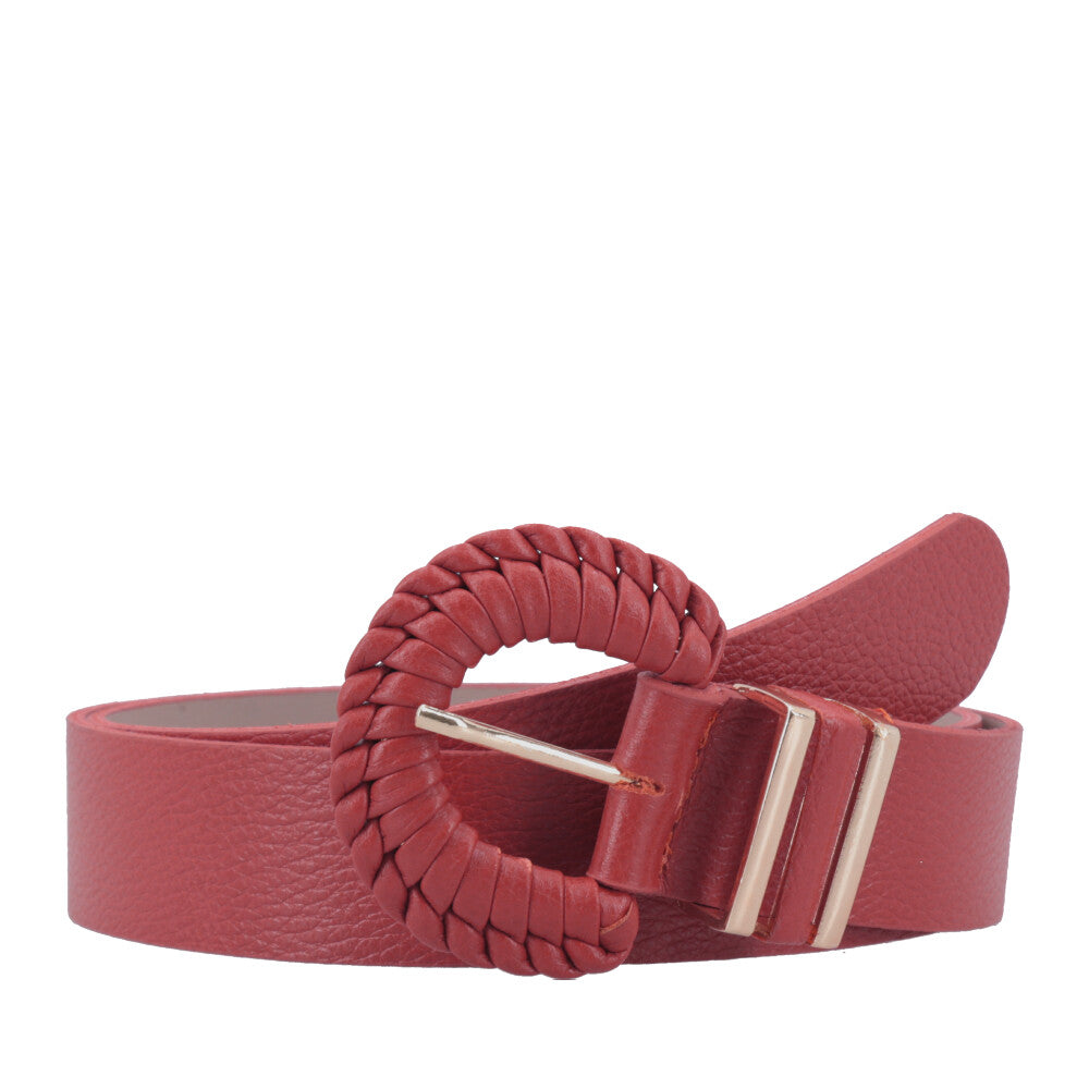 Cinto Feminino de Couro com Fivela Tressê Redonda Vermelho