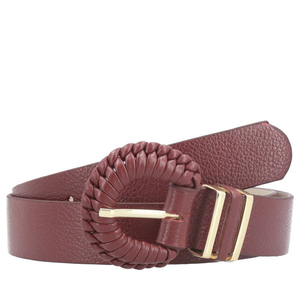 Cinto Feminino de Couro com Fivela Tressê Redonda Vinho