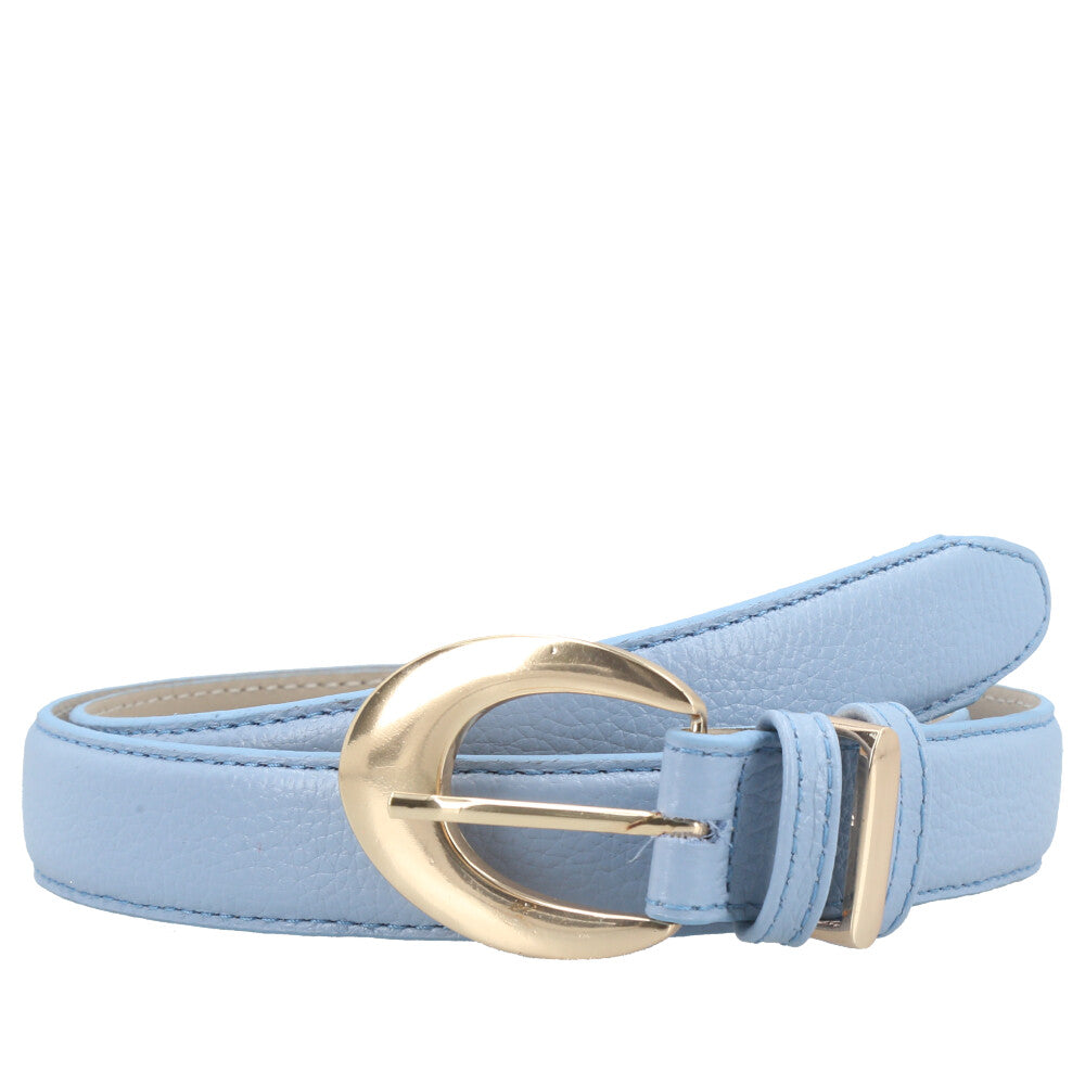 Cinto Feminino de Couro com Fivela Oval Metalizada Azul claro