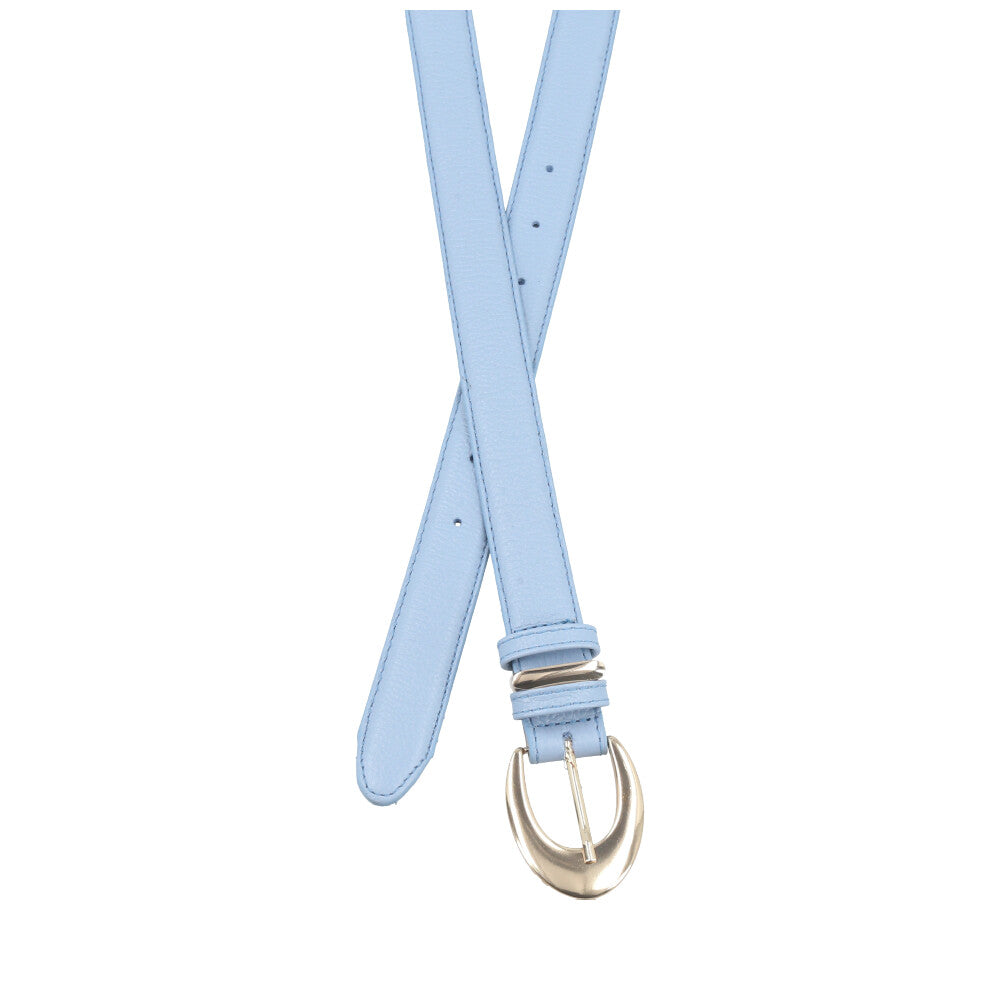 Cinto Feminino de Couro com Fivela Oval Metalizada Azul claro