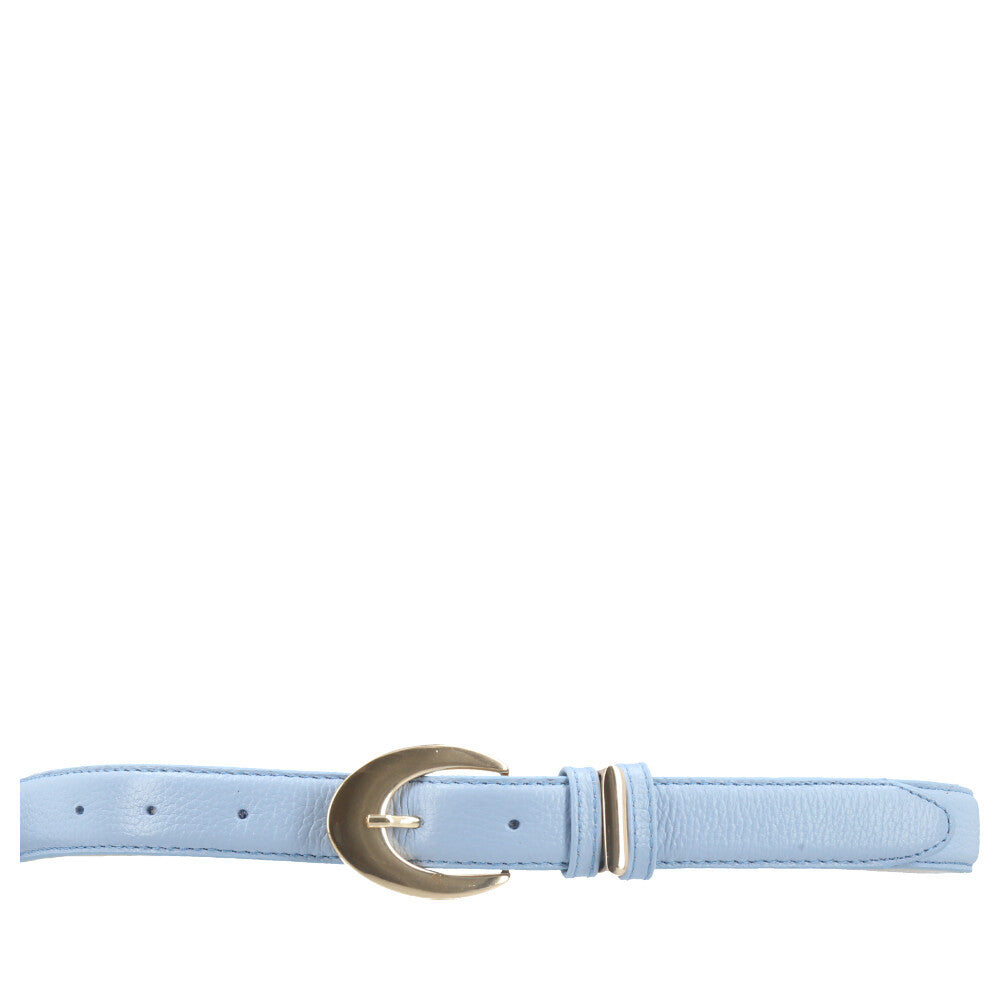 Cinto Feminino de Couro com Fivela Oval Metalizada Azul claro